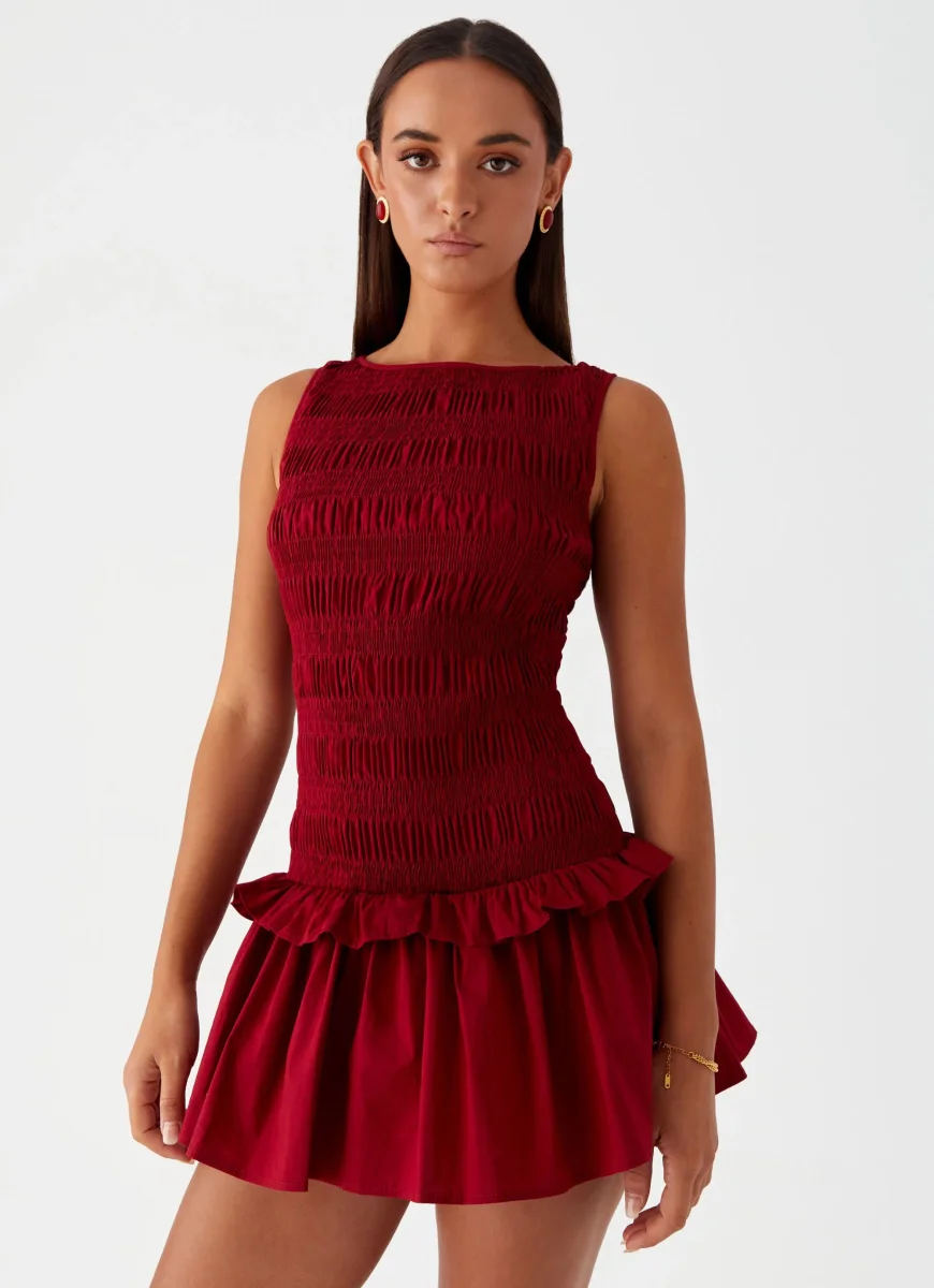 Garden Kisses Shirred Mini Dress – Maroon