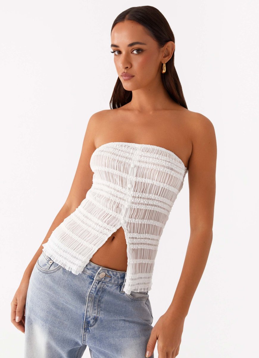 Next Time Shirred Strapless Top – White